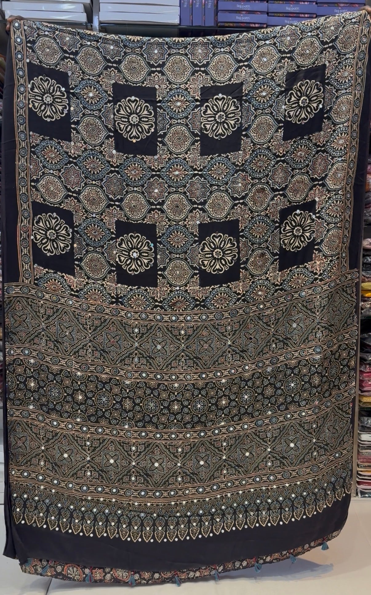 Black Chaukani Ajrakh Handwork Modal Silk Saree
