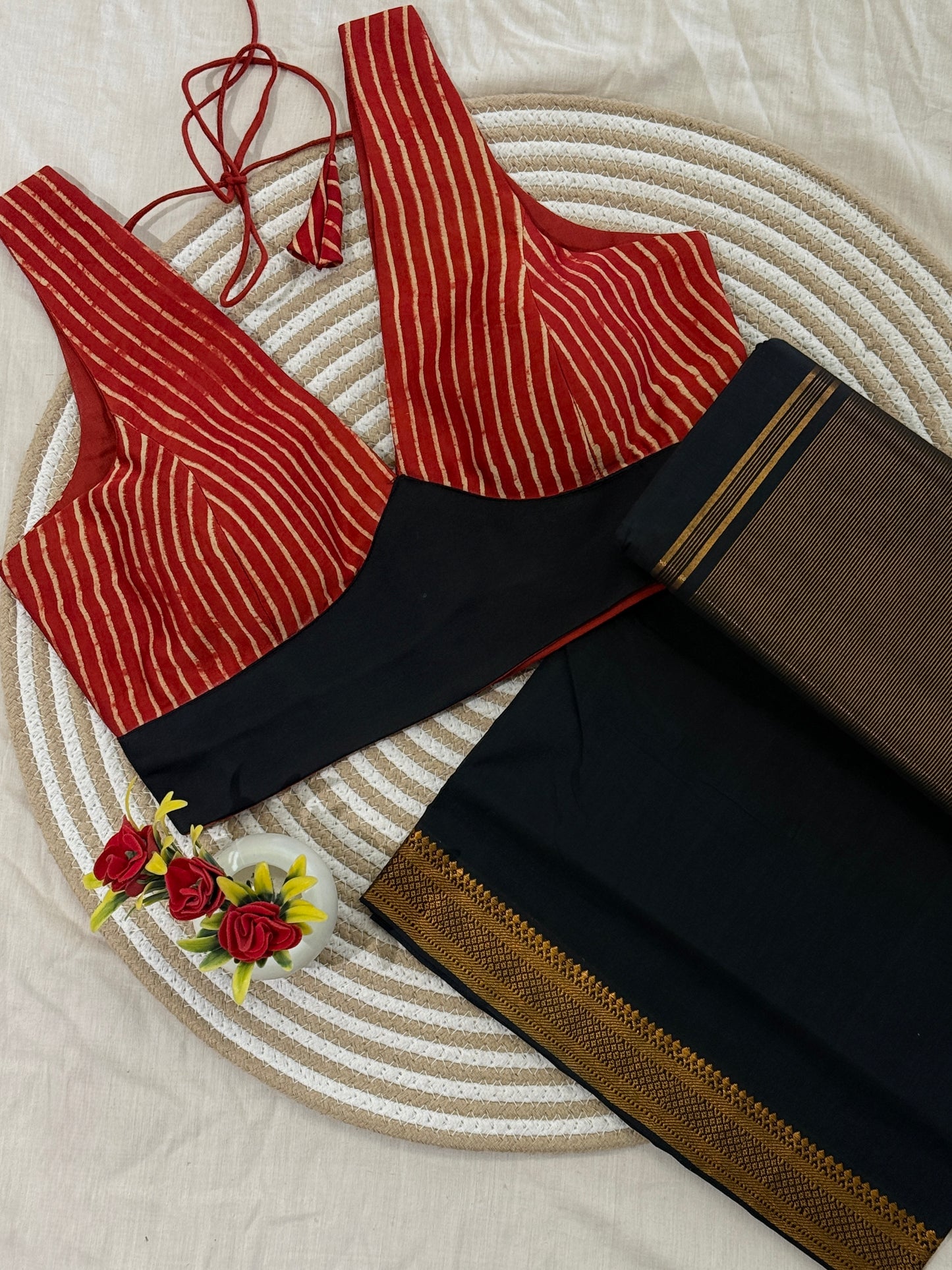 Black Mangalgiri Saree Ajrakh Blouse Set