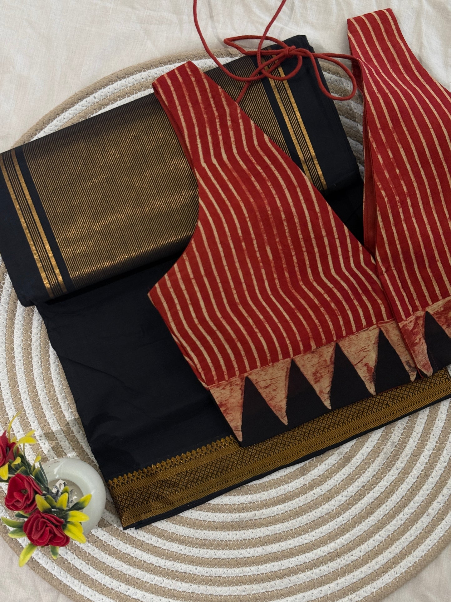 Black Mangalgiri Saree Ajrakh Blouse Set