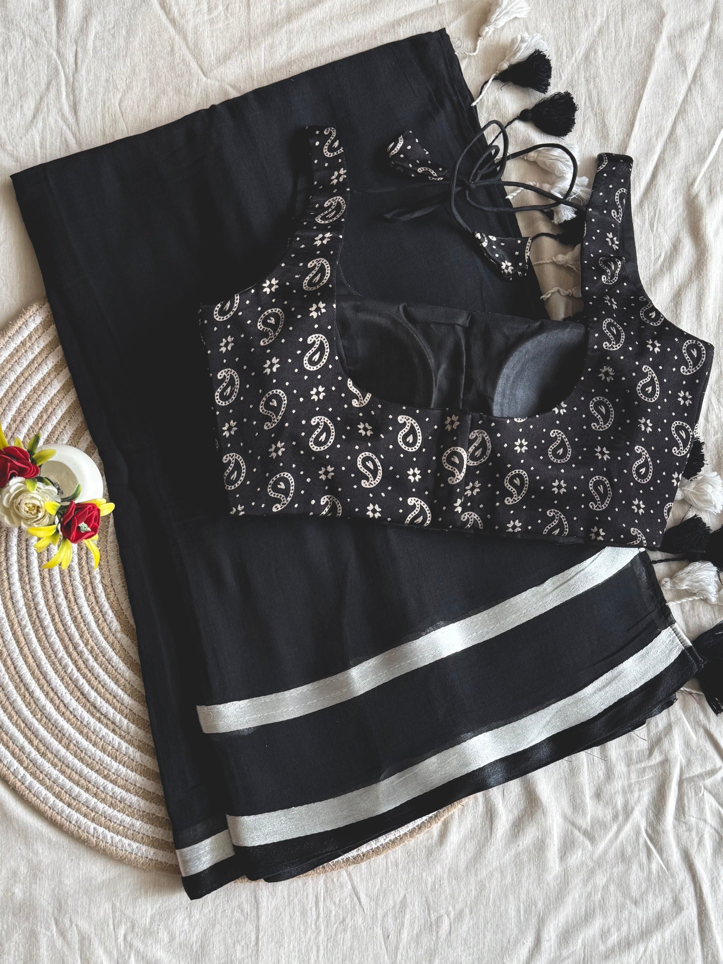 Paisley Black Saree Blouse Combo Set