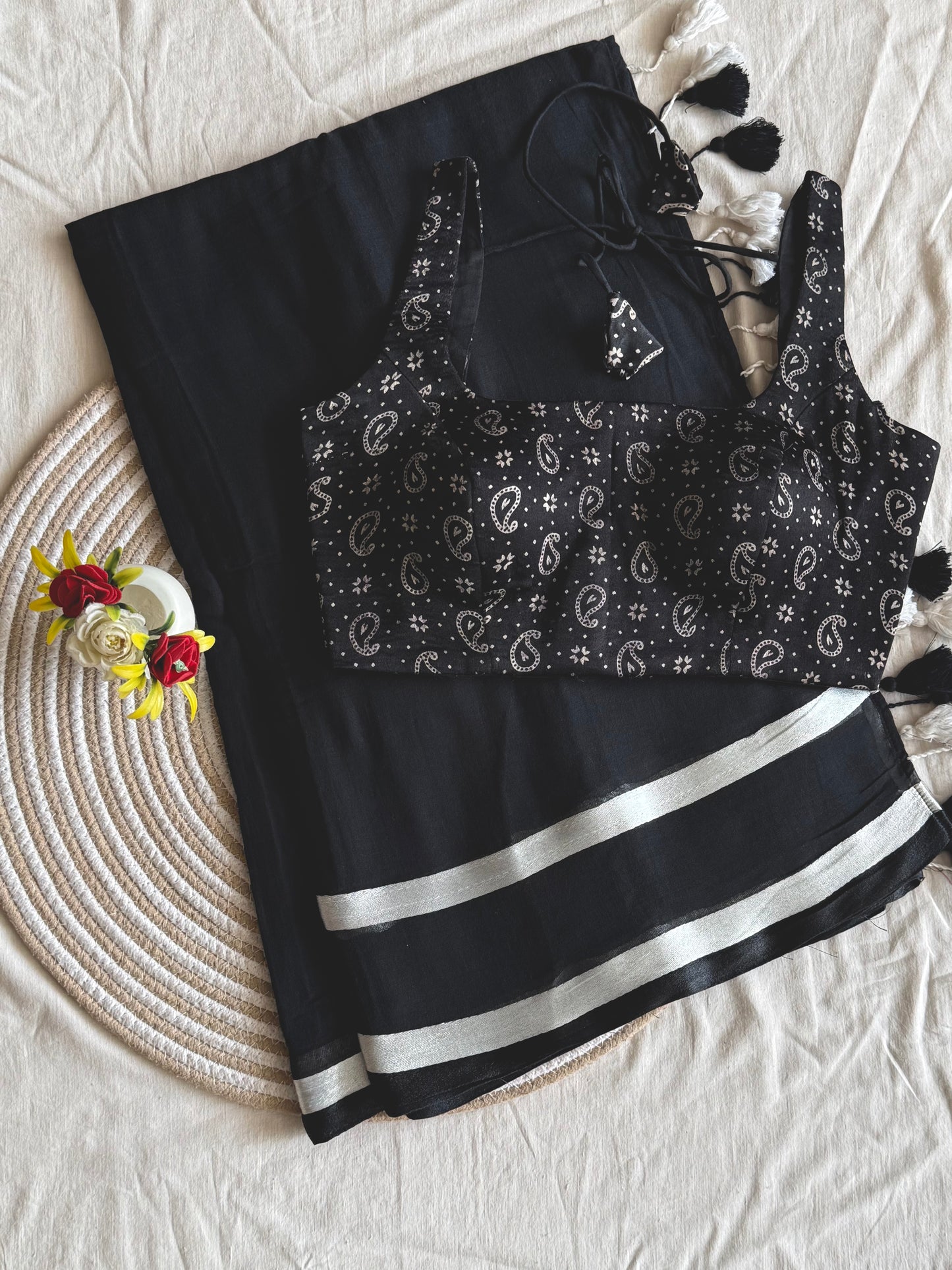 Paisley Black Saree Blouse Combo Set
