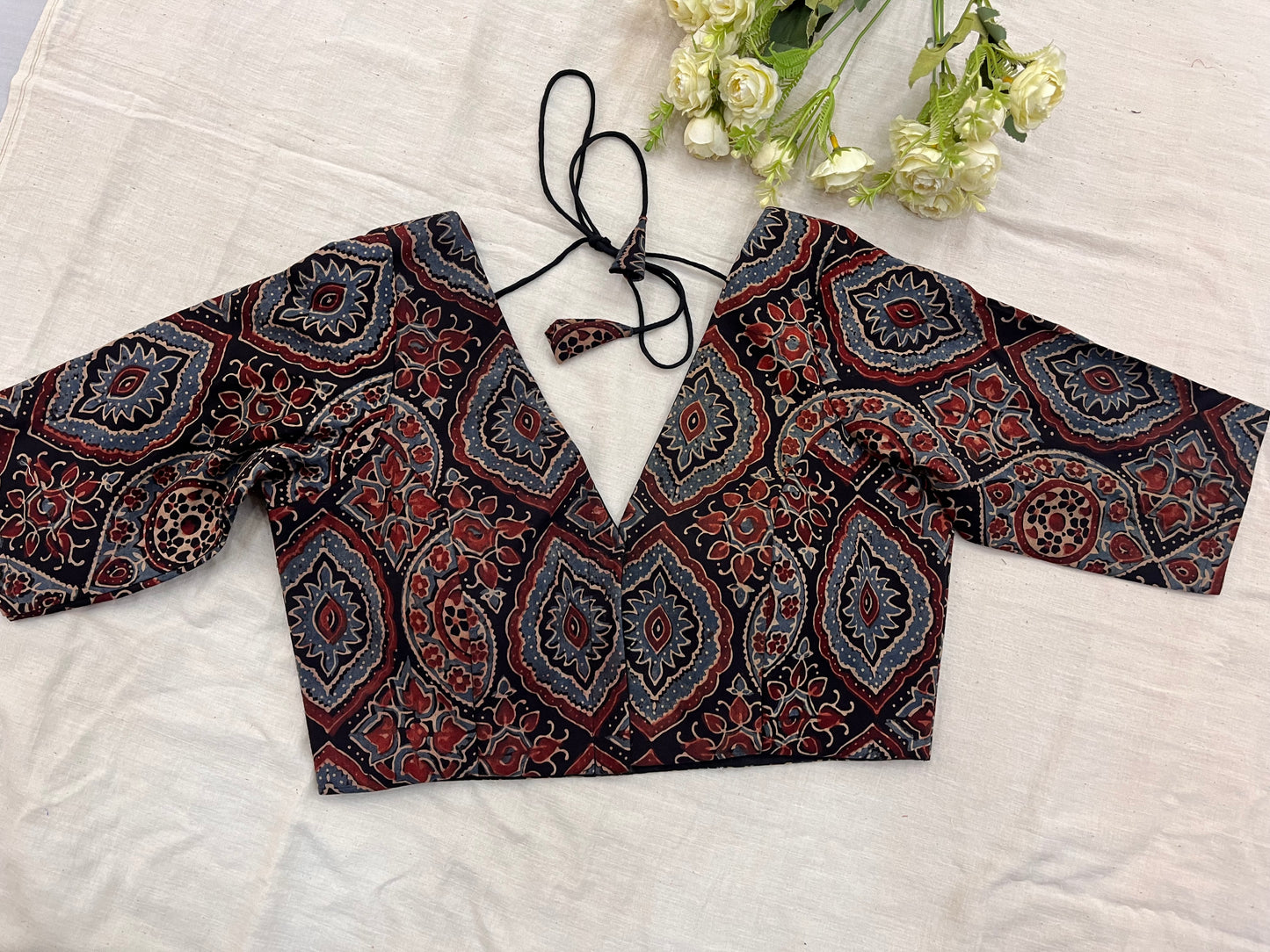 Black Sithara Ajrakh Elbow Sleeves Blouse