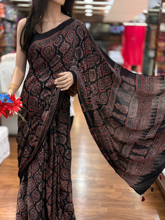 Black Badam Ajrakh Modal Silk Saree