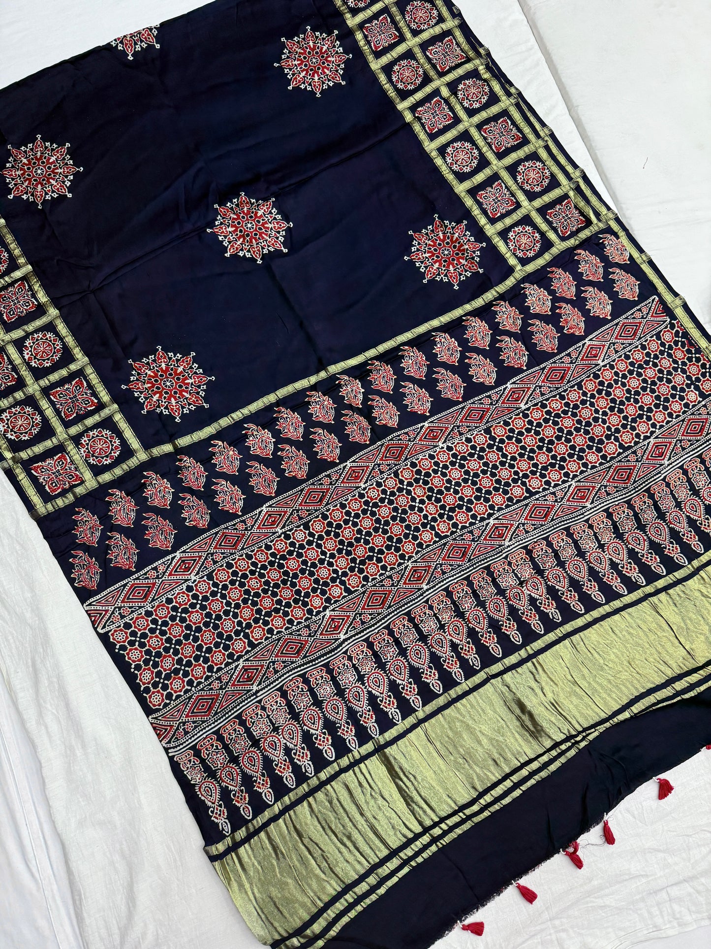 Navy Blue Ajrakh Gharchola Border Modal Silk Saree