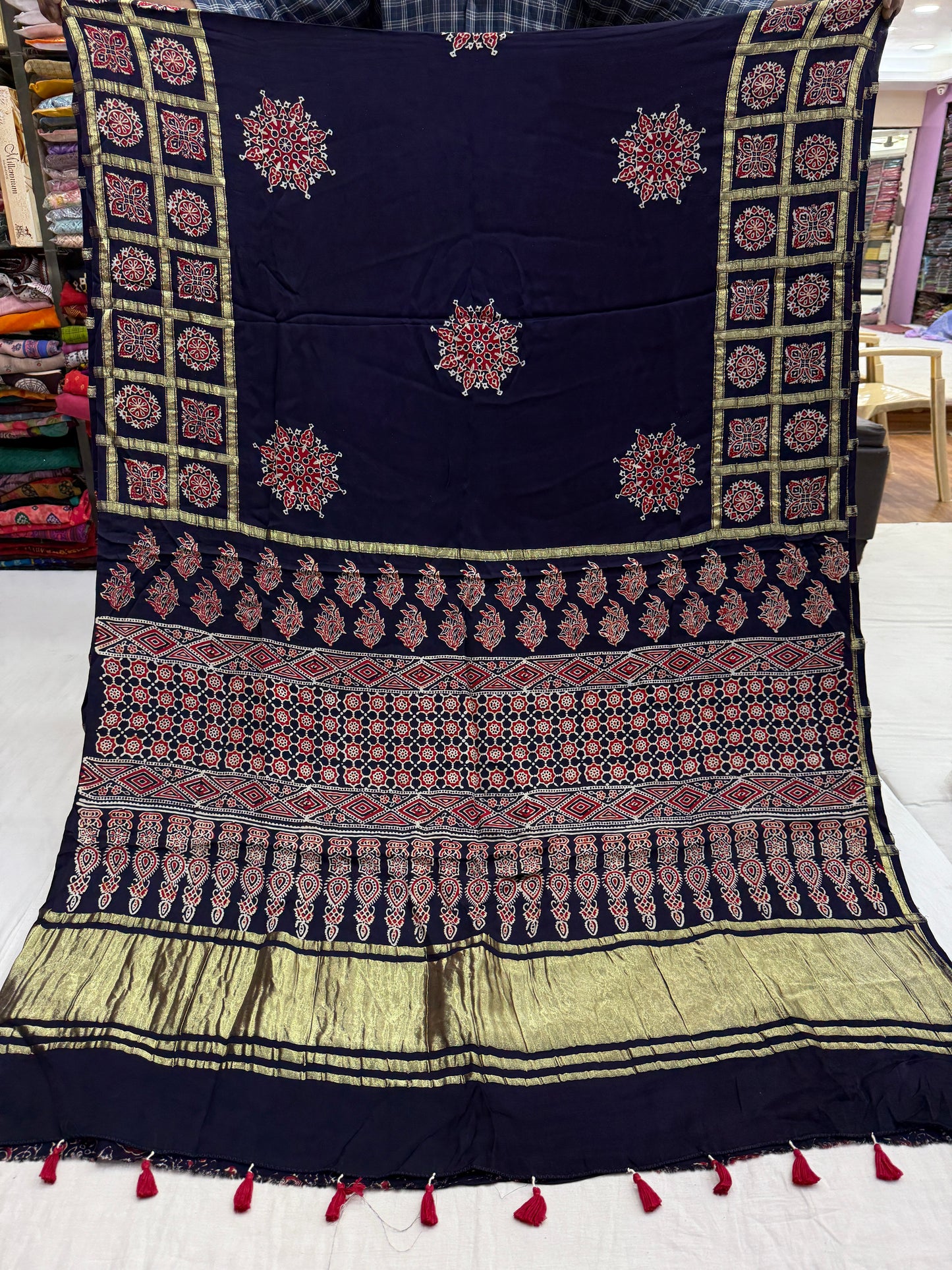 Navy Blue Ajrakh Gharchola Border Modal Silk Saree