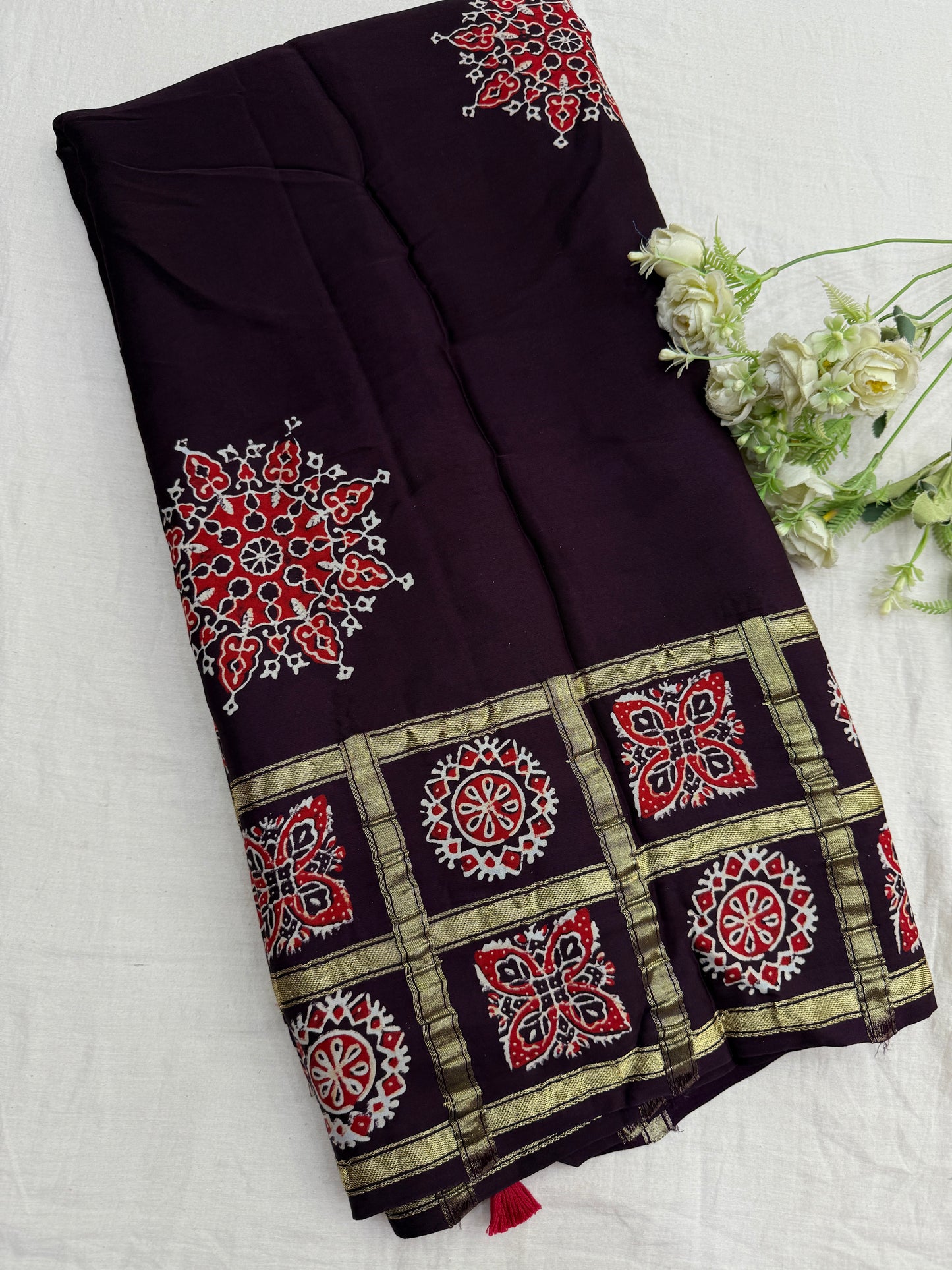 Garnett Wine Ajrakh Gharchola Border Modal Silk Saree