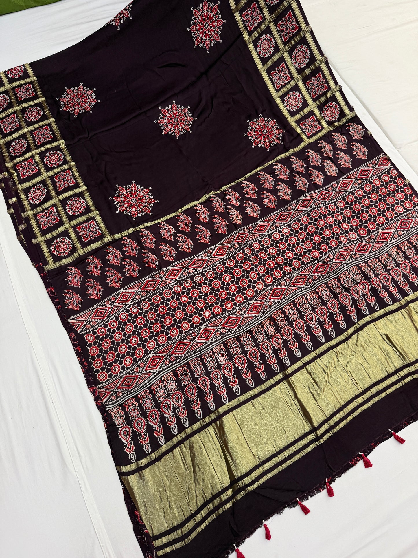 Garnett Wine Ajrakh Gharchola Border Modal Silk Saree