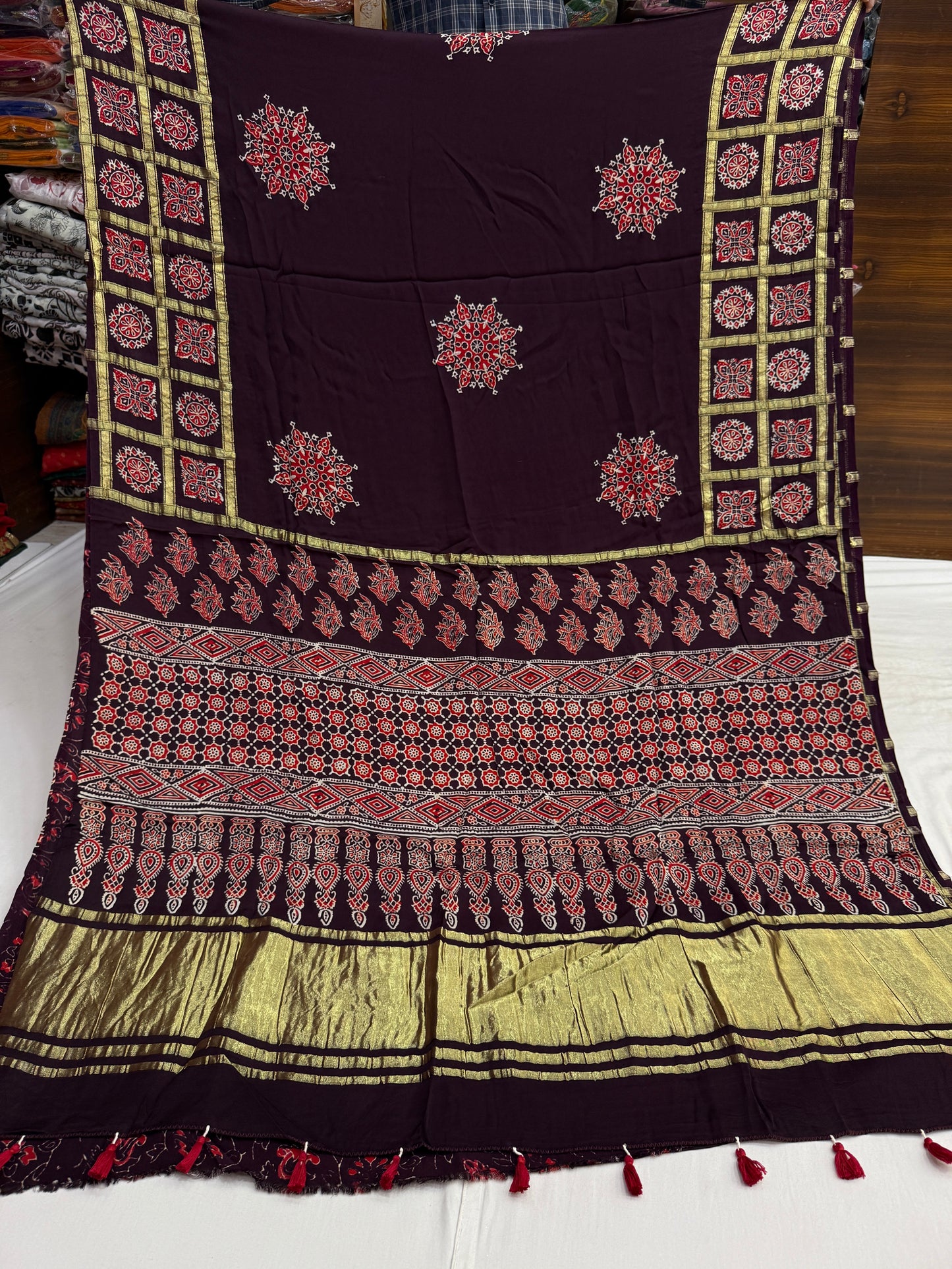 Garnett Wine Ajrakh Gharchola Border Modal Silk Saree