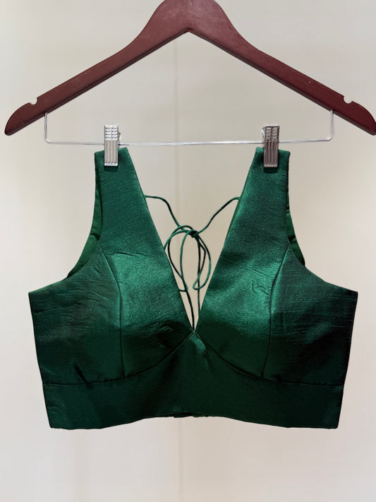 Green Cross Belt Raw Silk Sleeveless Blouse