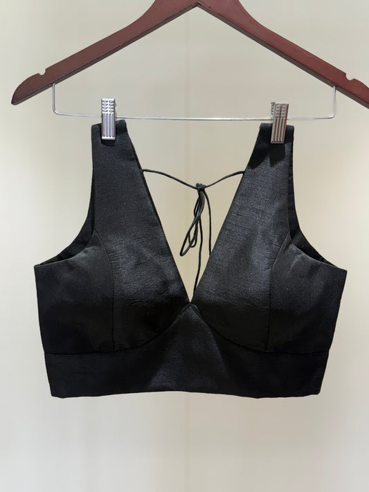 Black Cross Belt Raw Silk Sleeveless Blouse