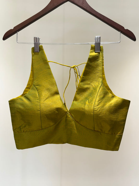 Olive Cross Belt Raw Silk Sleeveless Blouse