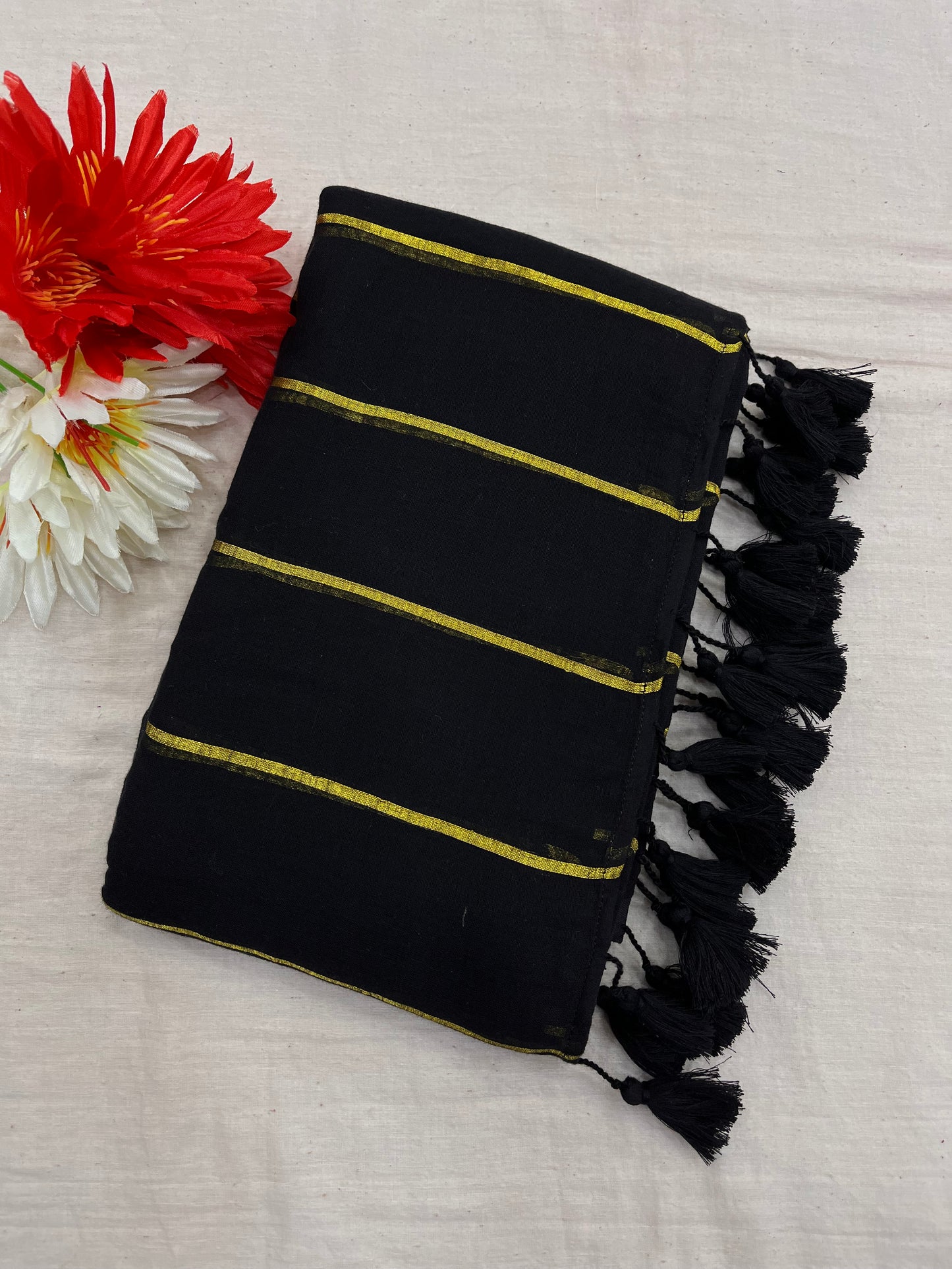 Black Zari Stripes Mulmul Saree