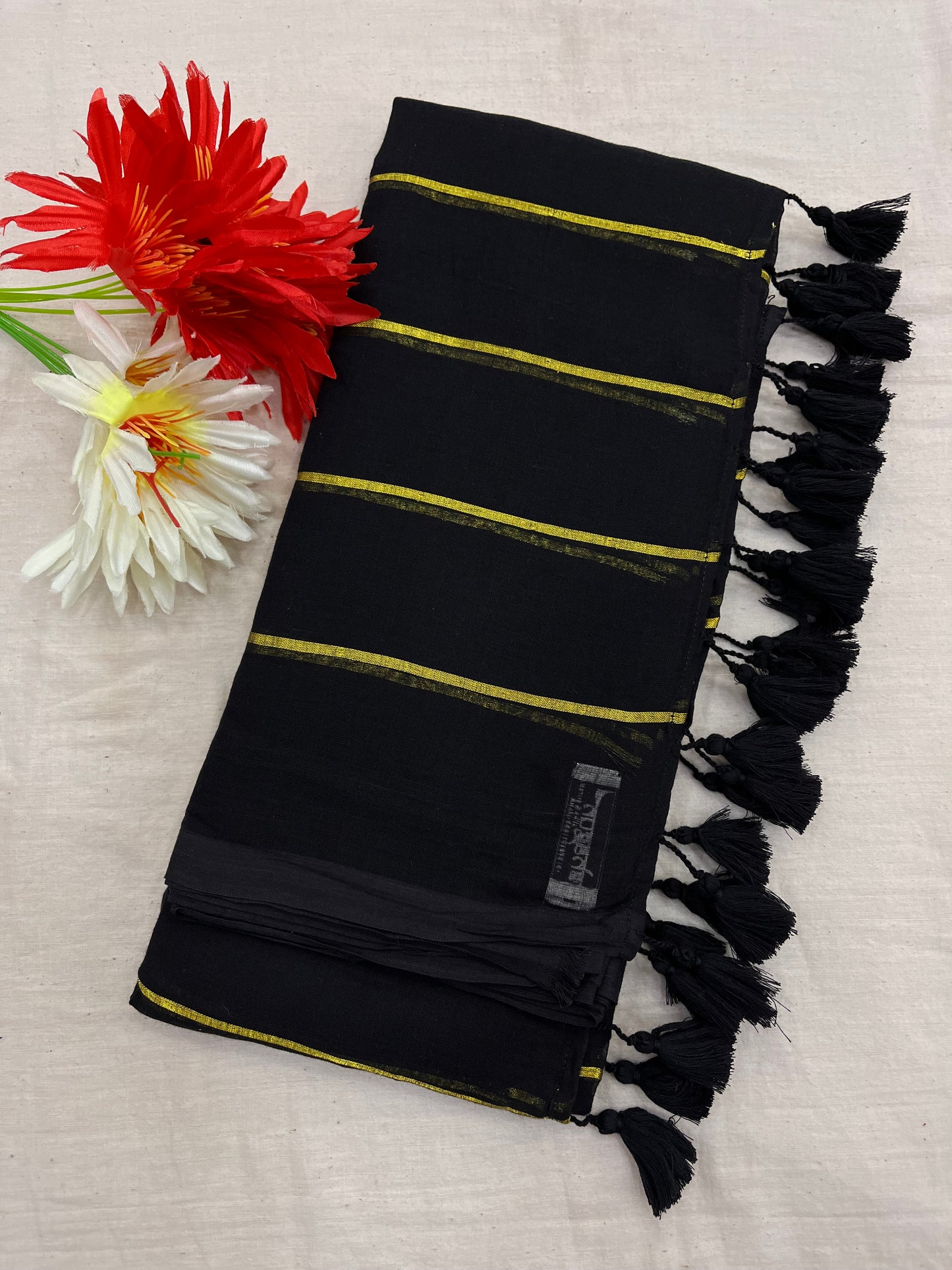 Black Zari Stripes Mulmul Saree