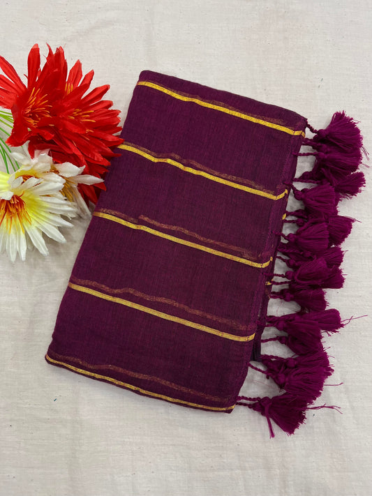 Wine Zari Stripes Mulmul Saree