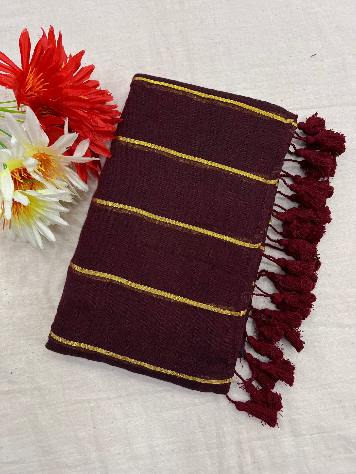 Maroon Zari Stripes Mulmul Saree