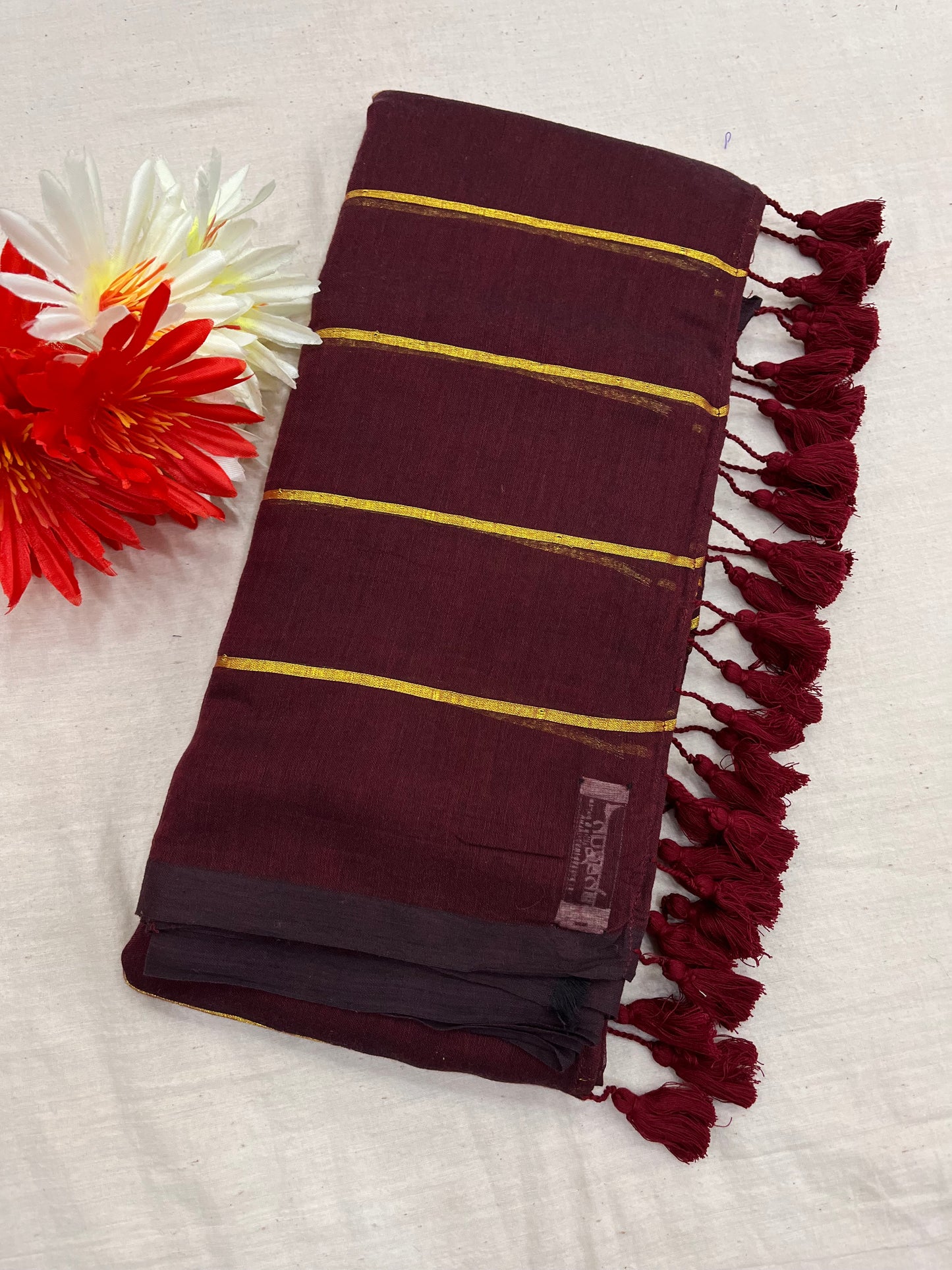 Maroon Zari Stripes Mulmul Saree