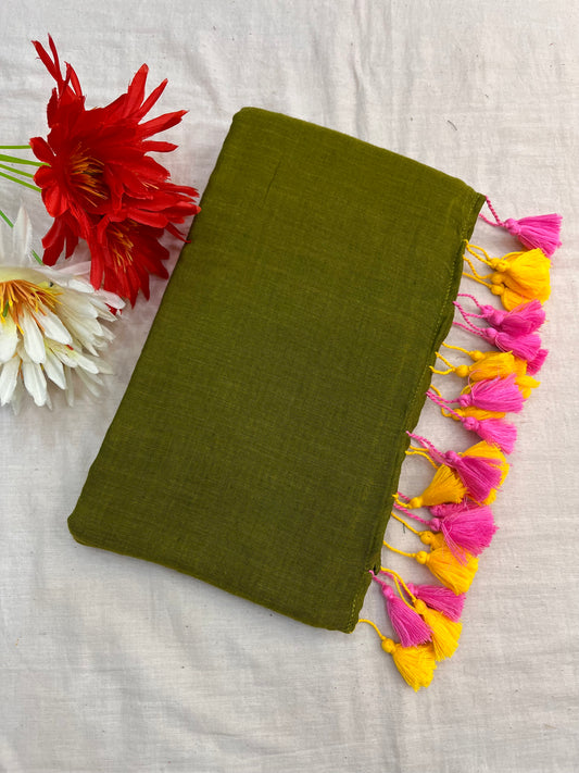 Olive With Yellow Pink Tassels Mulmul Saree