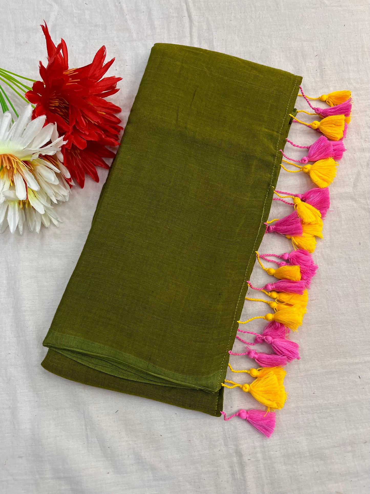 Olive With Yellow Pink Tassels Mulmul Saree