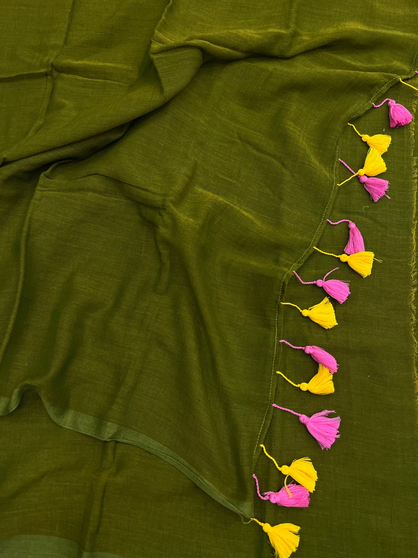 Olive With Yellow Pink Tassels Mulmul Saree