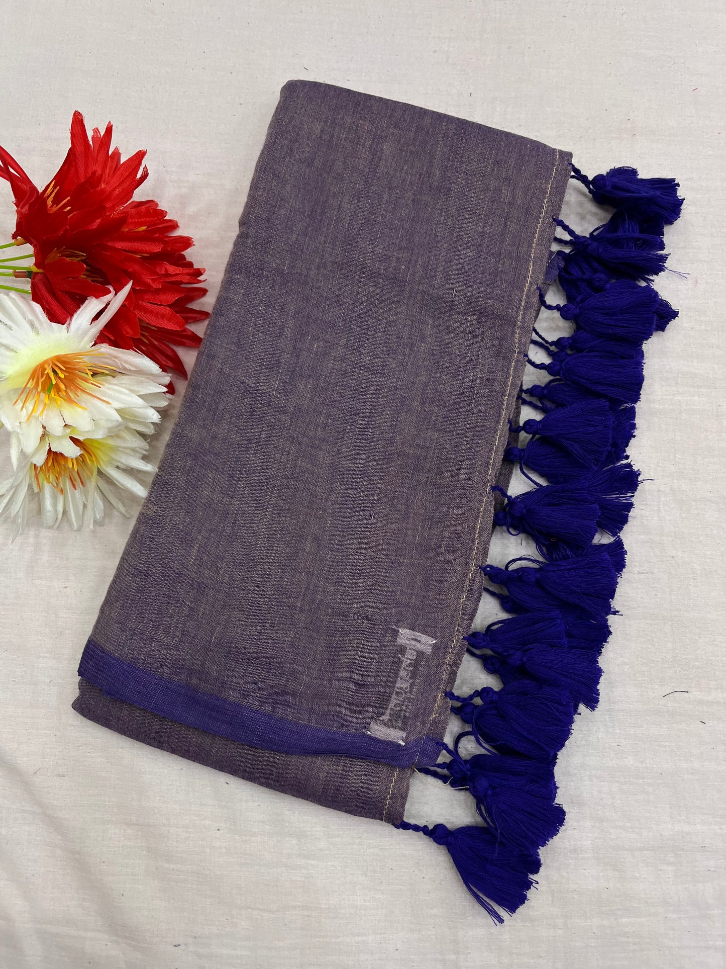 Carbon Blue Grey Mulmul Saree With Tassels