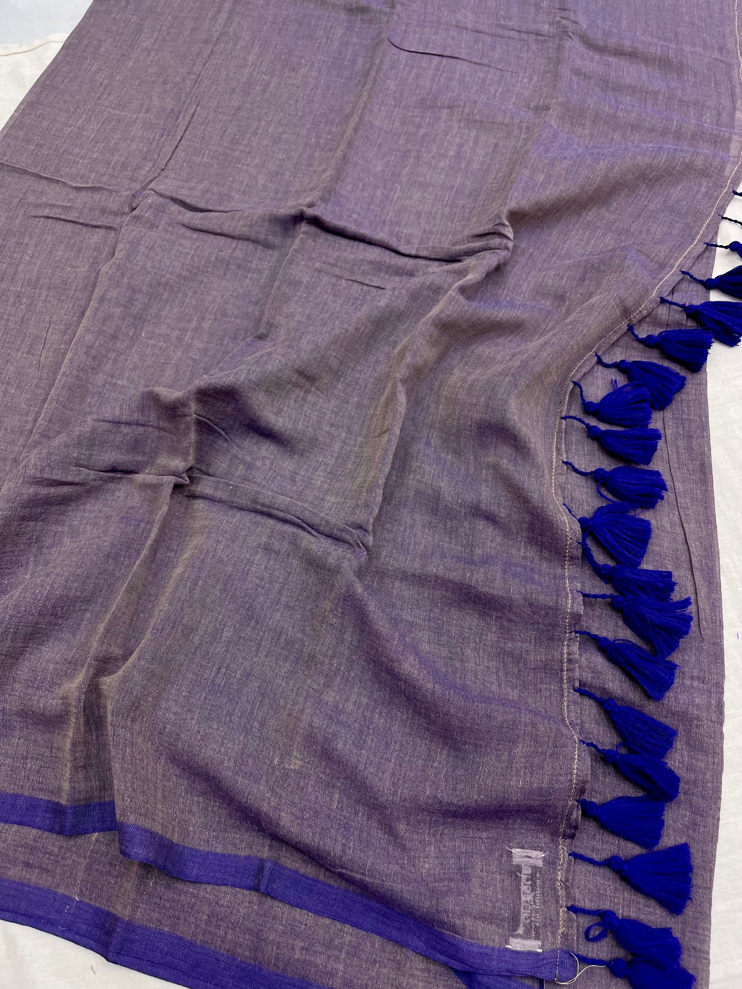 Carbon Blue Grey Mulmul Saree With Tassels