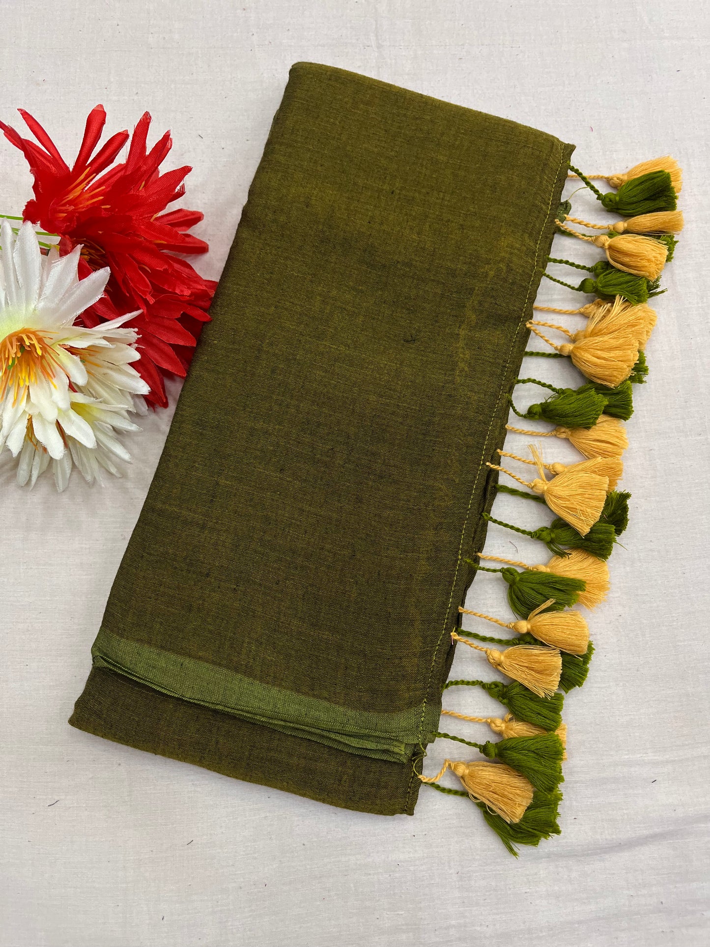 Heena Mustard Mulmul Saree With Tassels