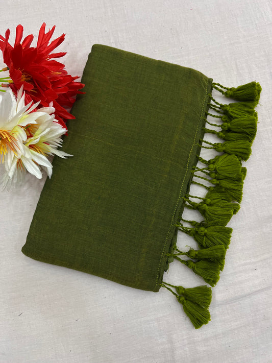 Olive Green Mulmul Saree With Tassels