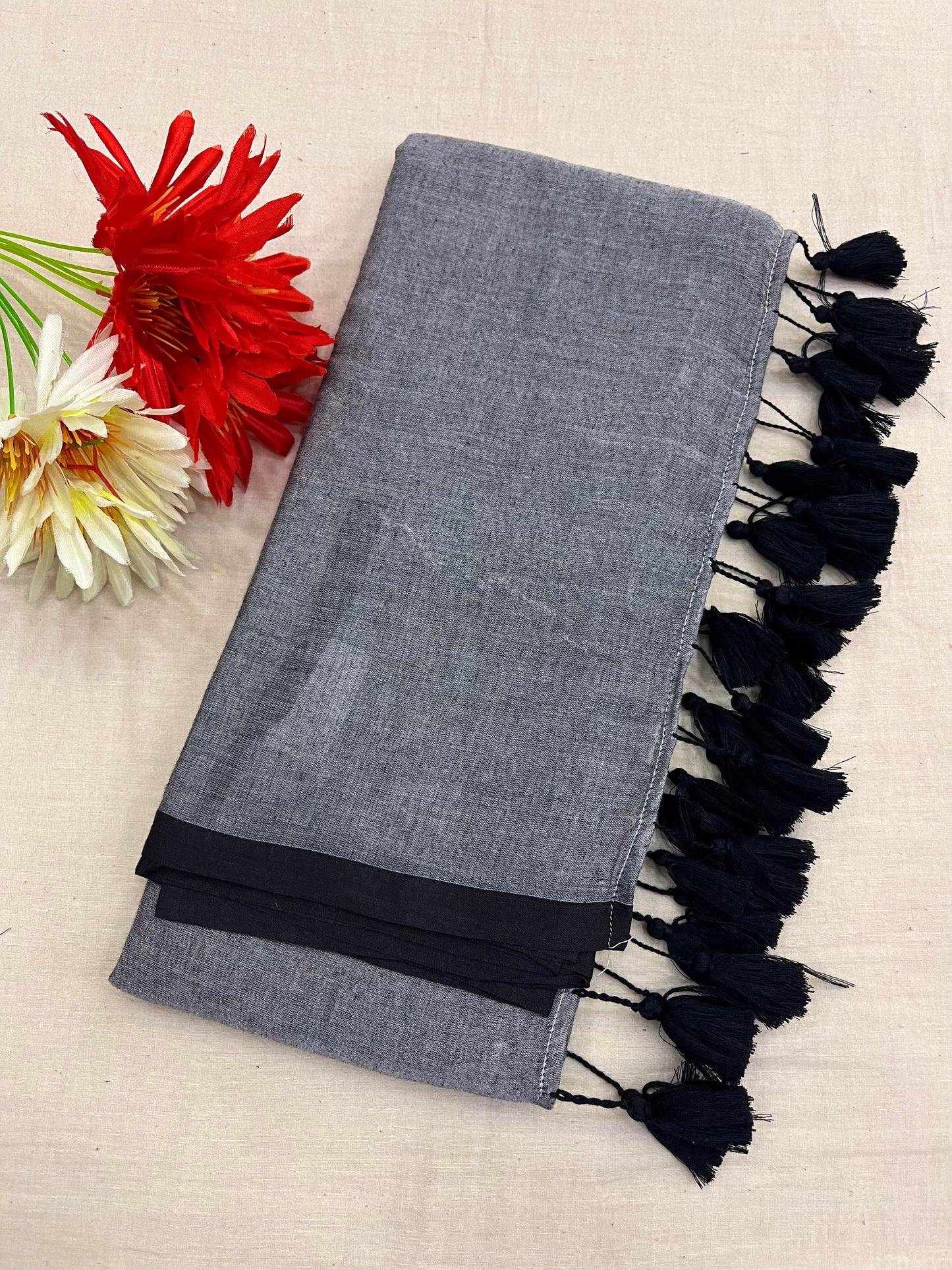 Grey Black Border Mulmul Saree With Tassels