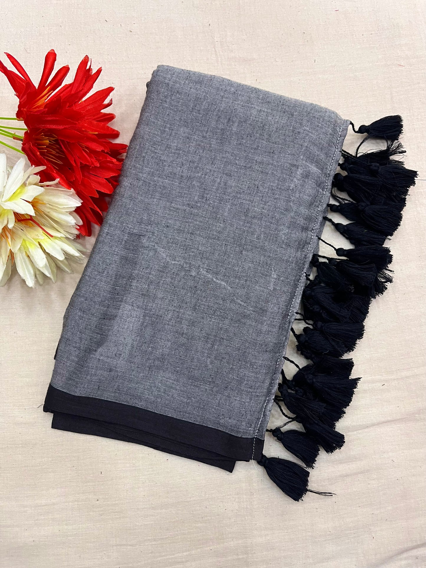 Grey Black Border Mulmul Saree With Tassels