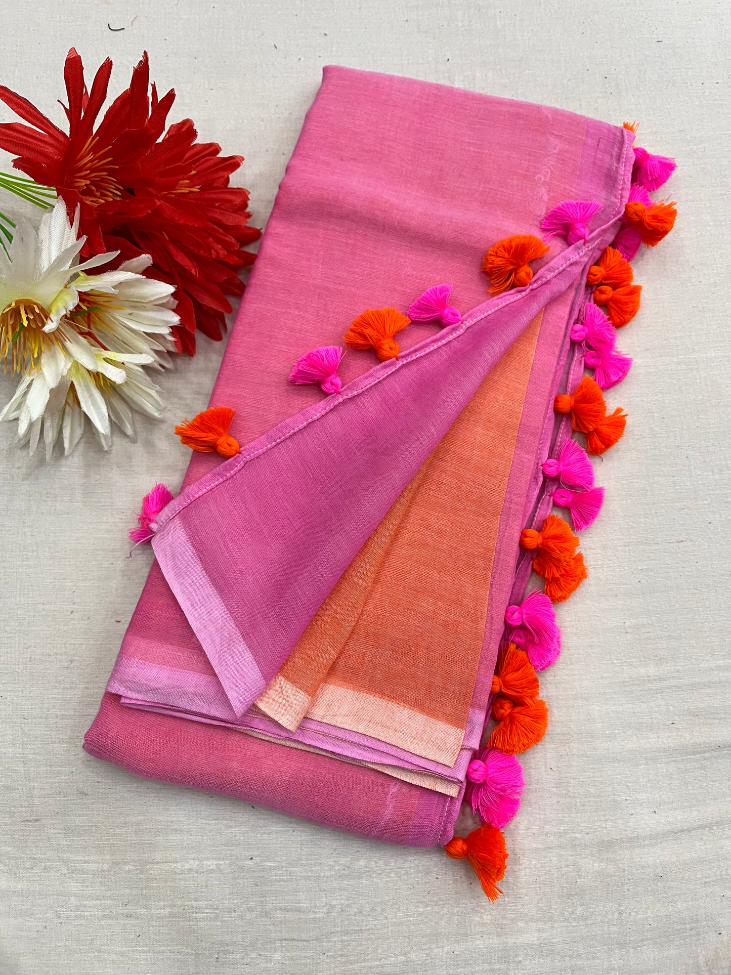 Pink-Orange Half N Half Mulmul Saree