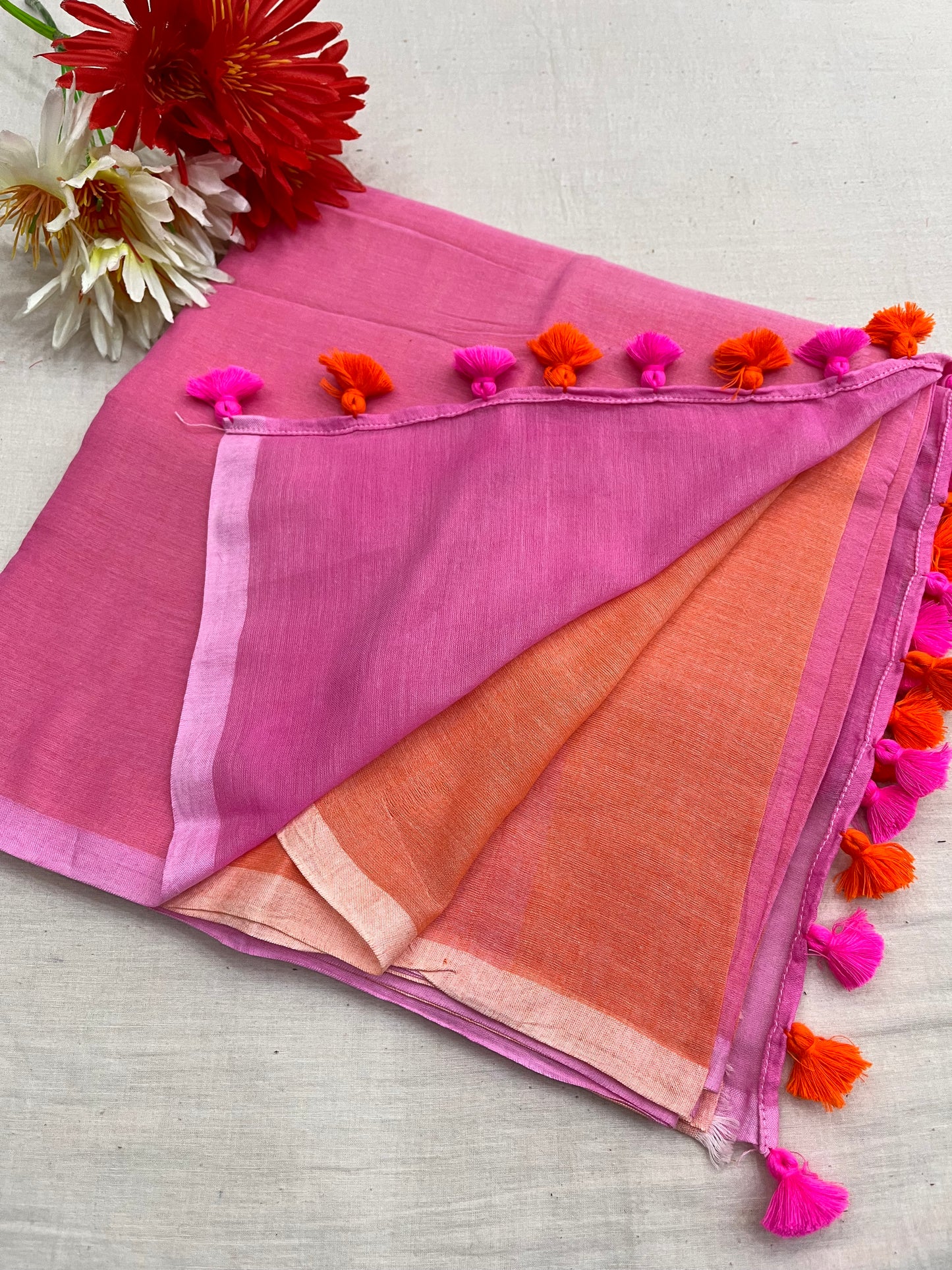 Pink-Orange Half N Half Mulmul Saree