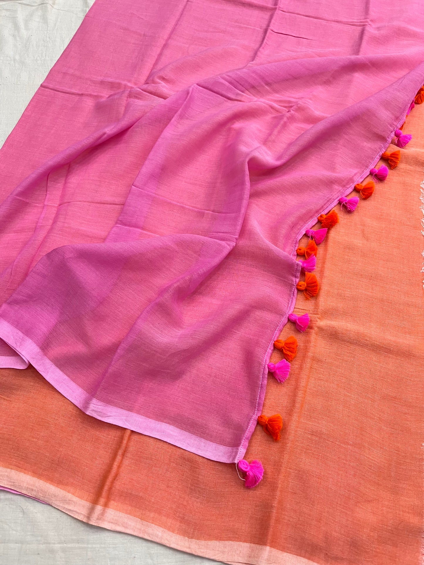 Pink-Orange Half N Half Mulmul Saree