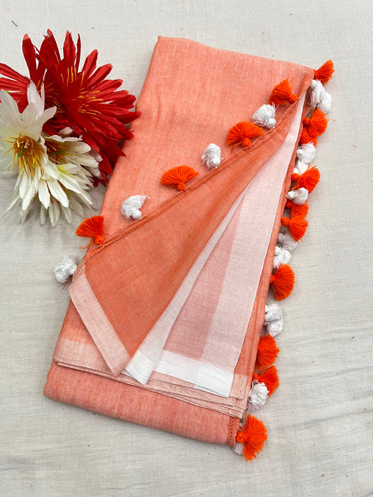 Orange-White Half N Half Mulmul Saree