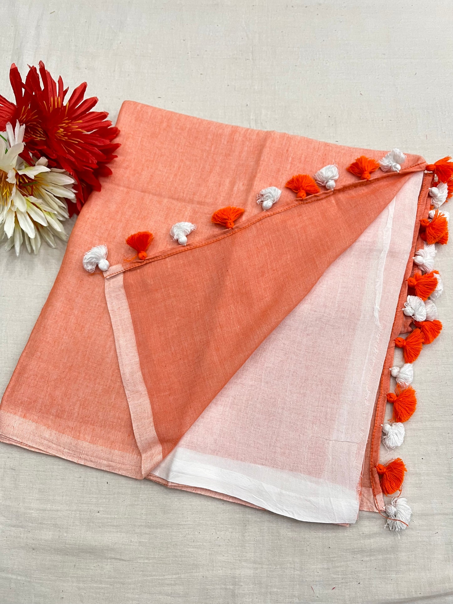 Orange-White Half N Half Mulmul Saree