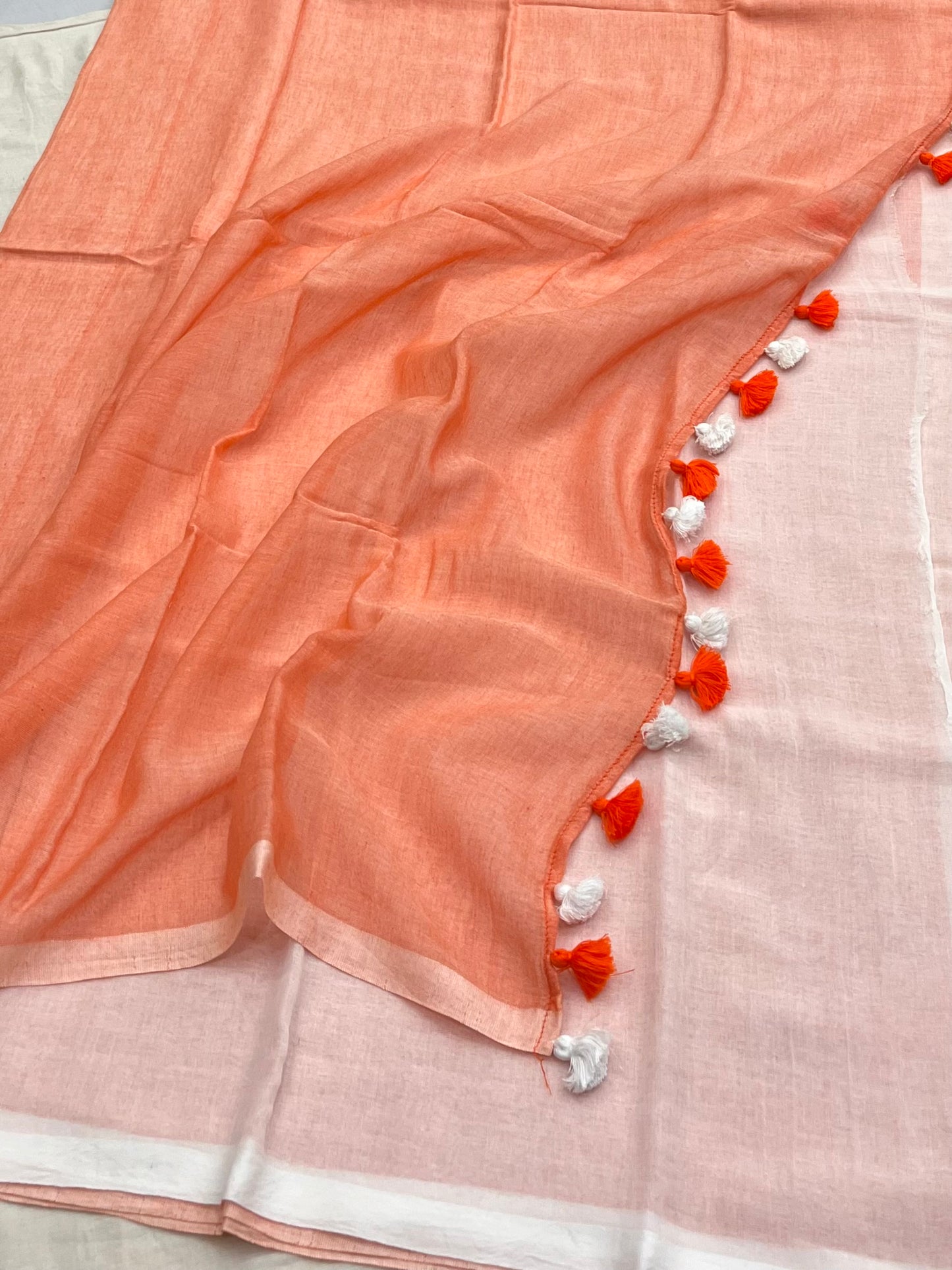 Orange-White Half N Half Mulmul Saree