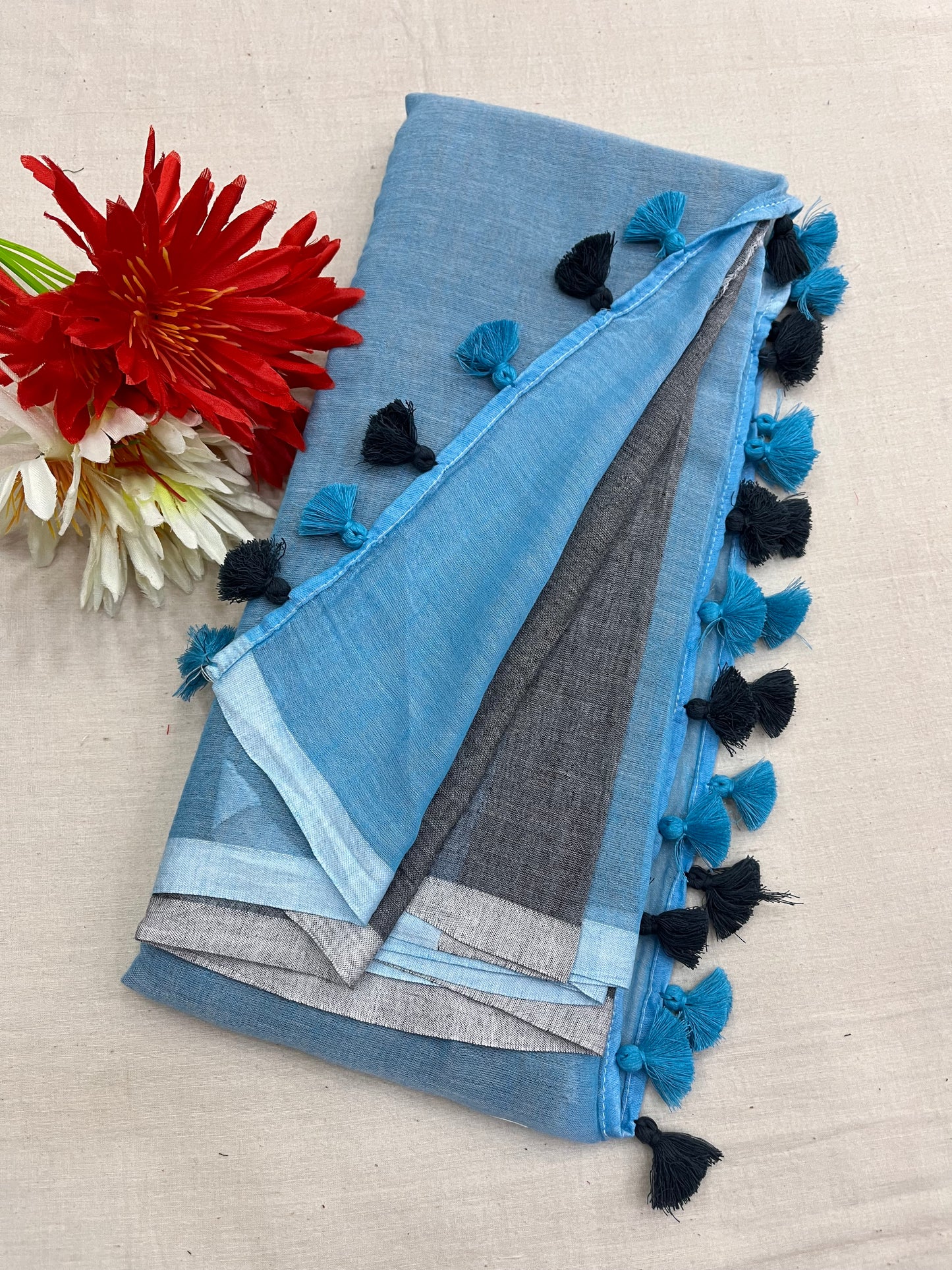 Sky Blue - Grey Half N Half Mulmul Saree