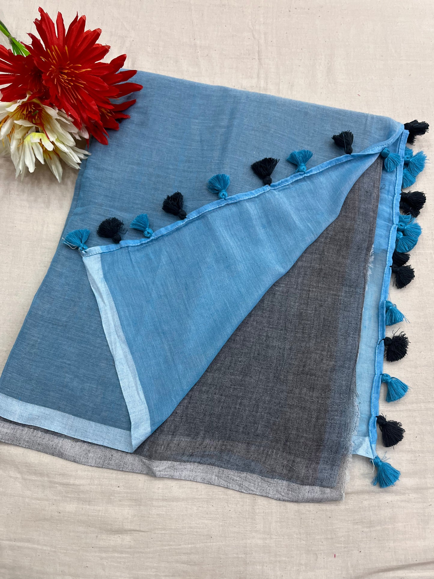 Sky Blue - Grey Half N Half Mulmul Saree