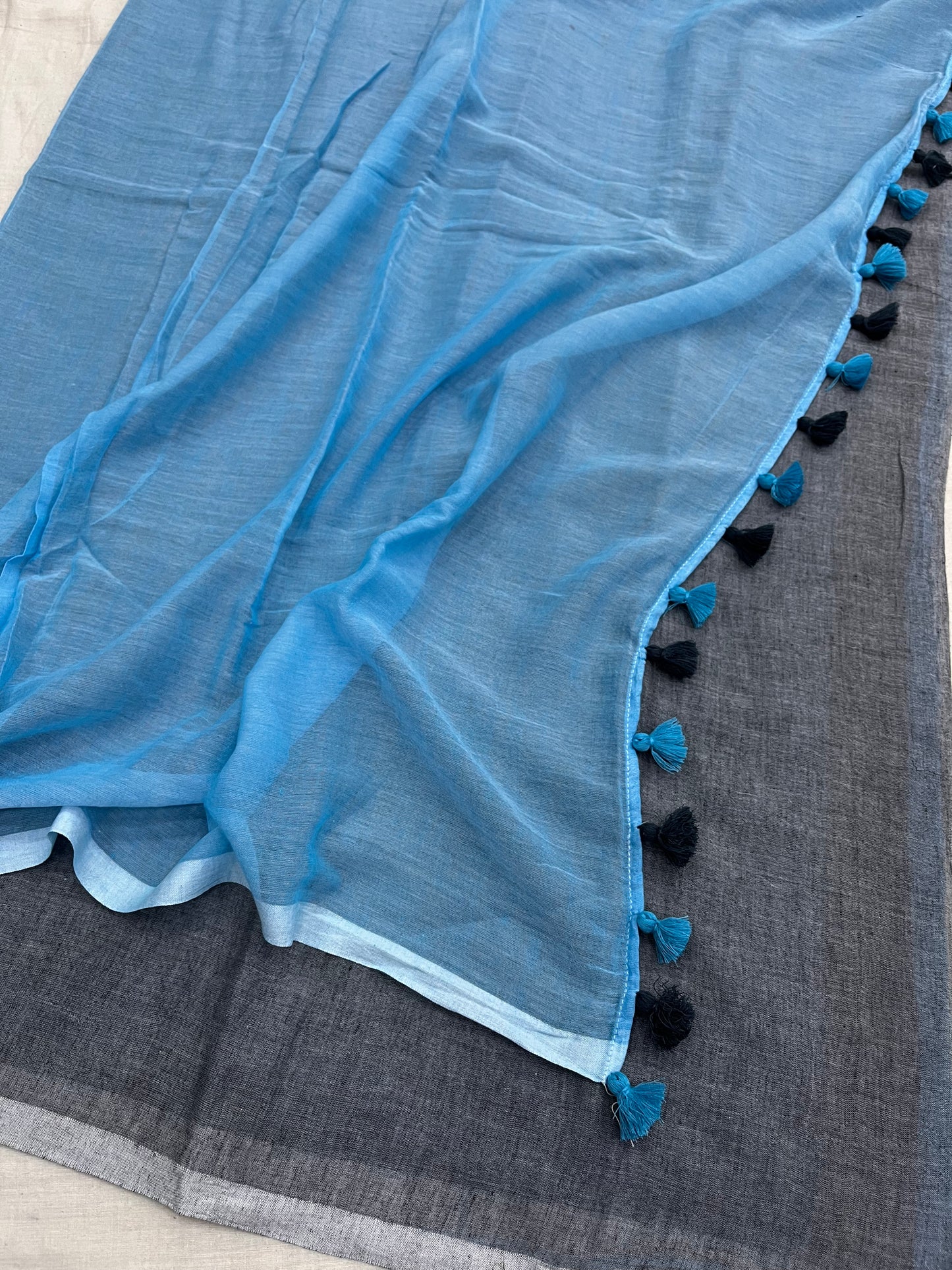 Sky Blue - Grey Half N Half Mulmul Saree