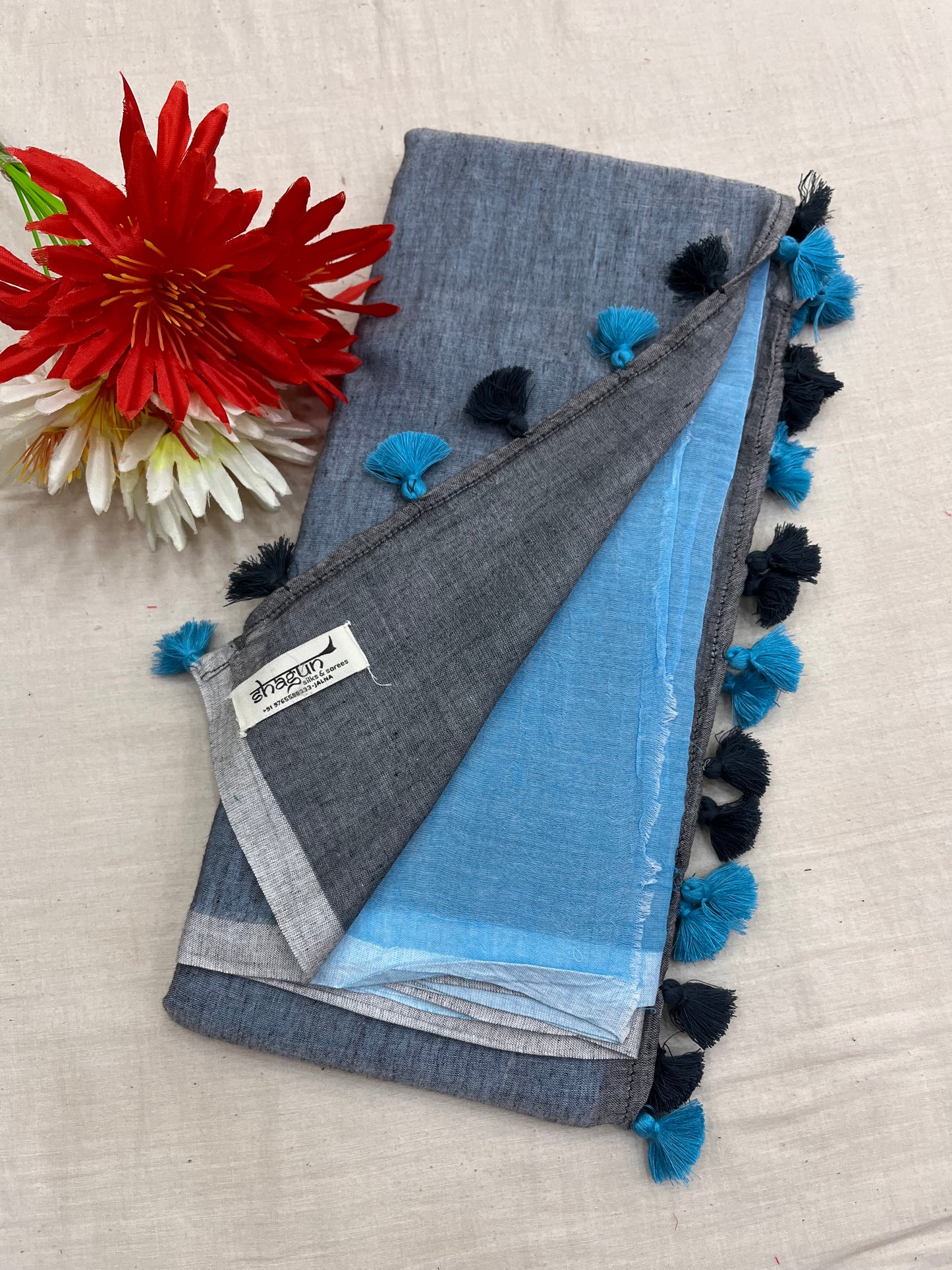 Grey-Sky Blue Half N Half Mulmul Saree