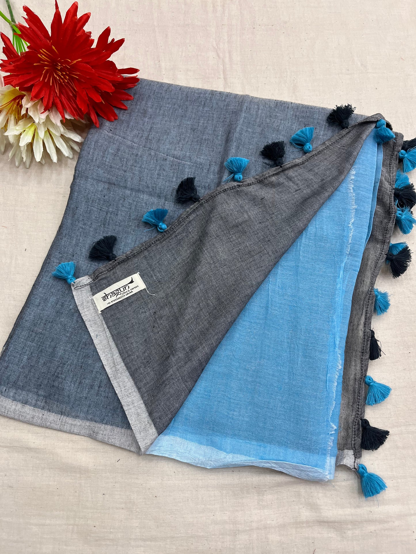 Grey-Sky Blue Half N Half Mulmul Saree