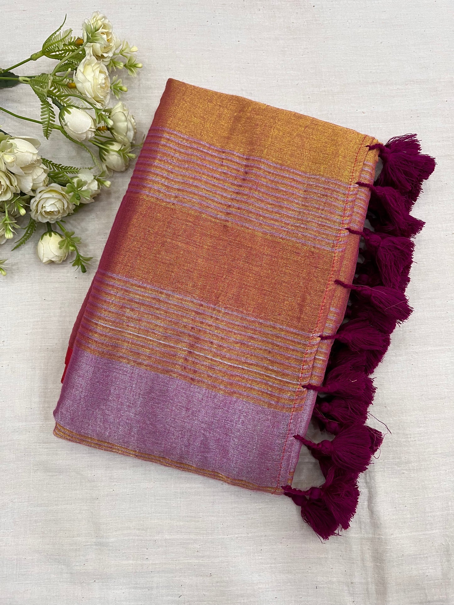 Purple Red Tissue Mulmul Saree