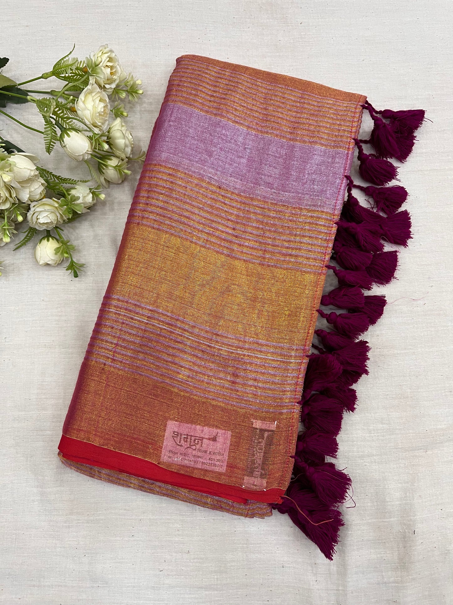 Purple Red Tissue Mulmul Saree