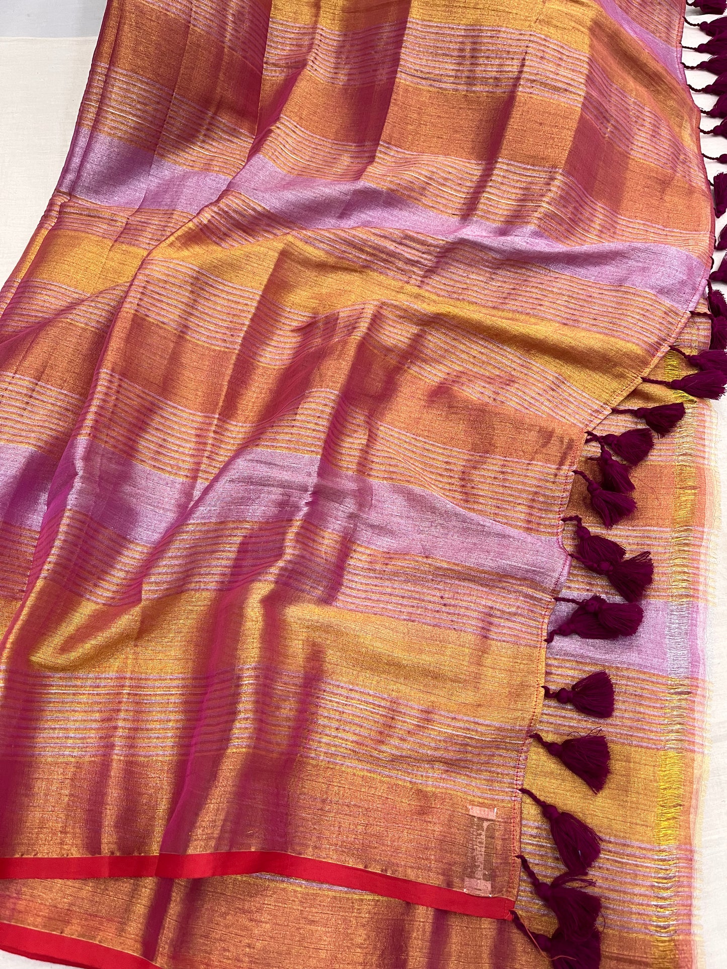 Purple Red Tissue Mulmul Saree