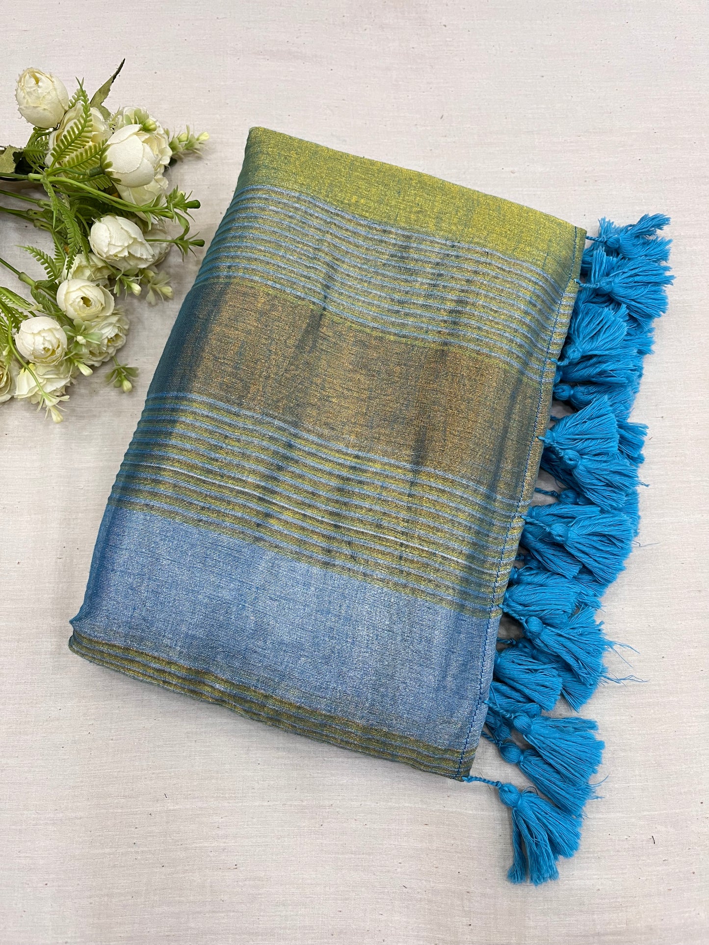 Sky Blue Gold Tissue Mulmul Saree