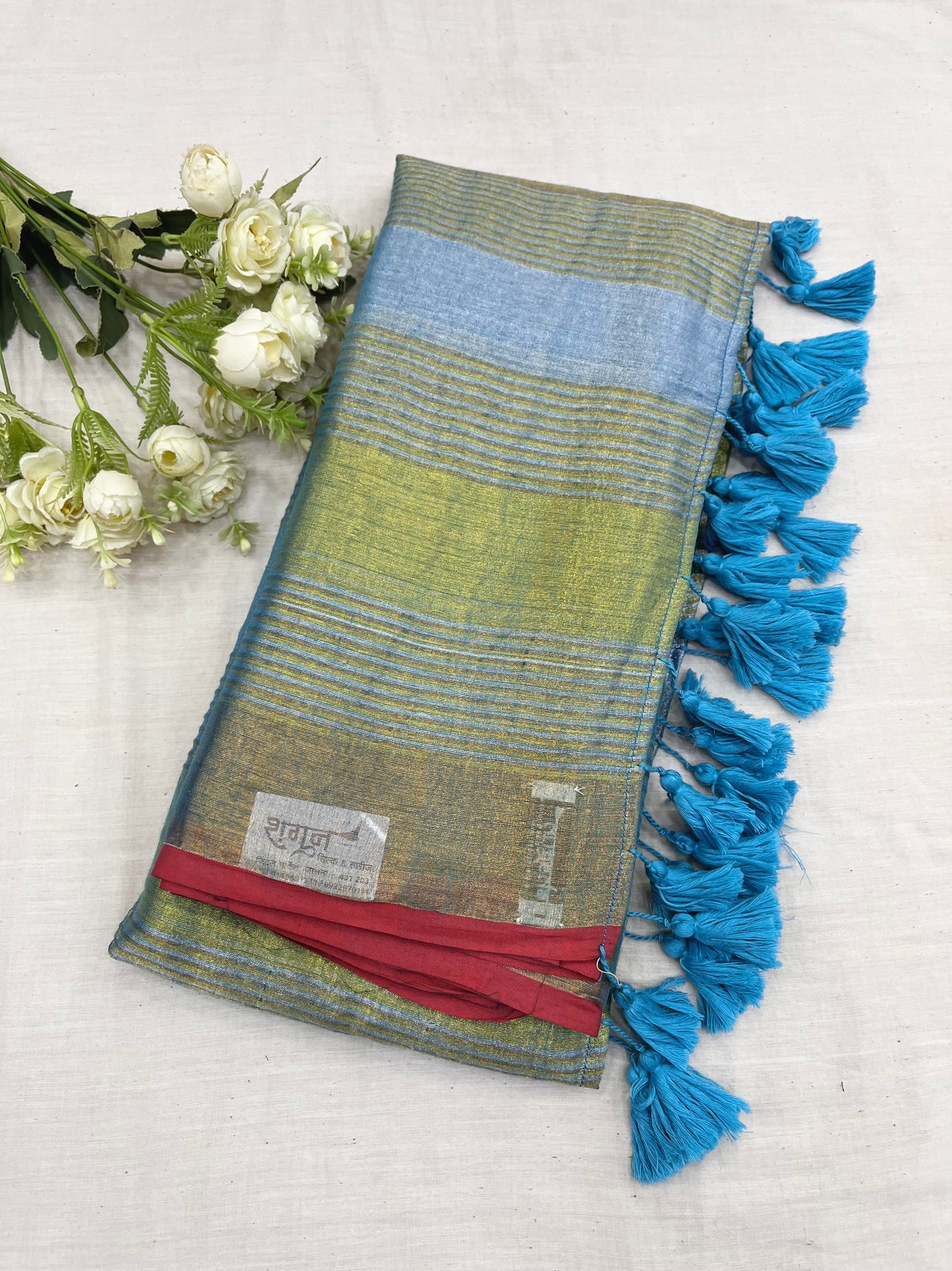 Sky Blue Gold Tissue Mulmul Saree