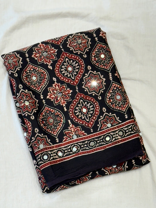 Black Badam Ajrakh Mirror Work Saree