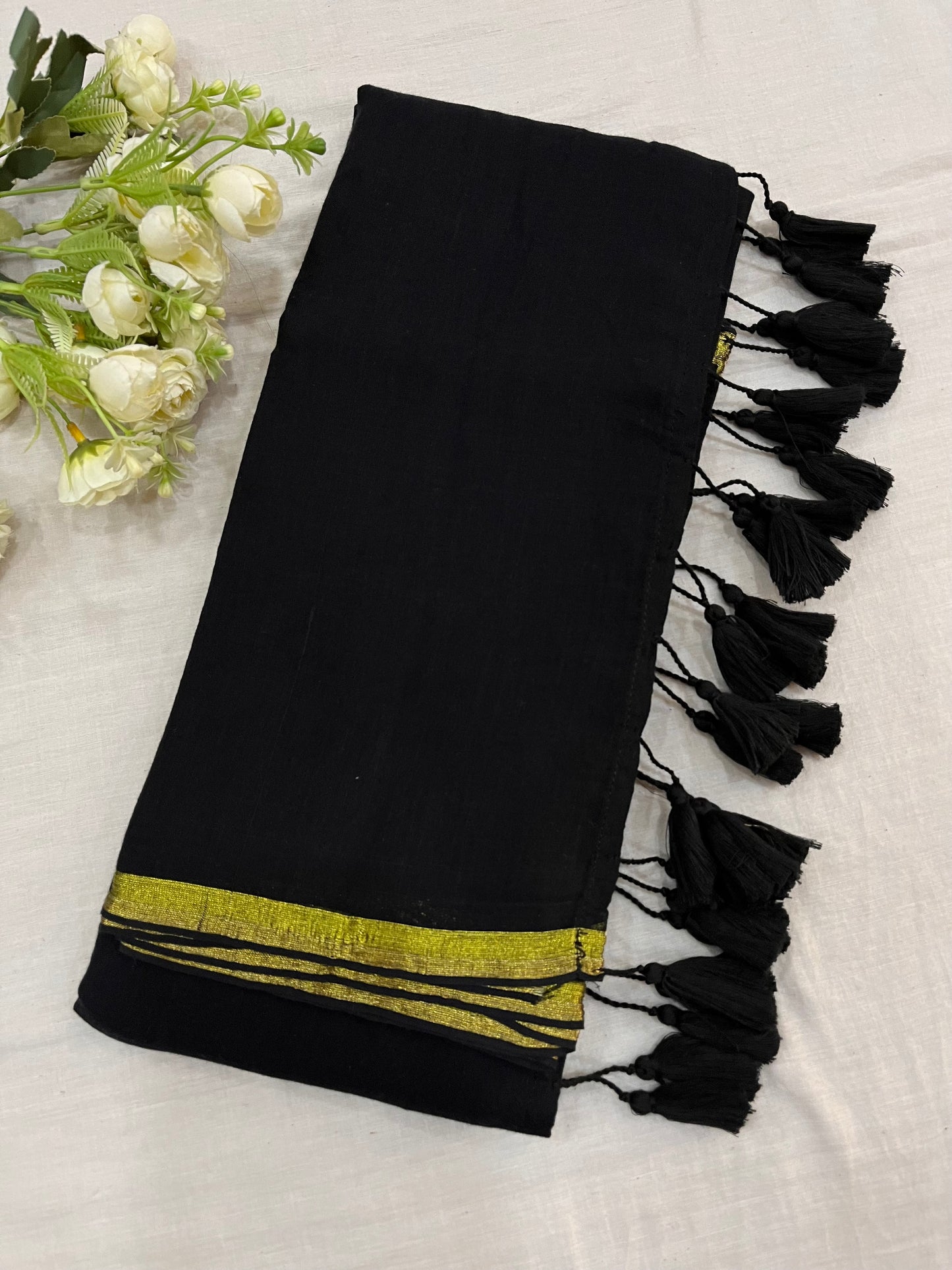 Black Gold Zari Border Mulmul Saree