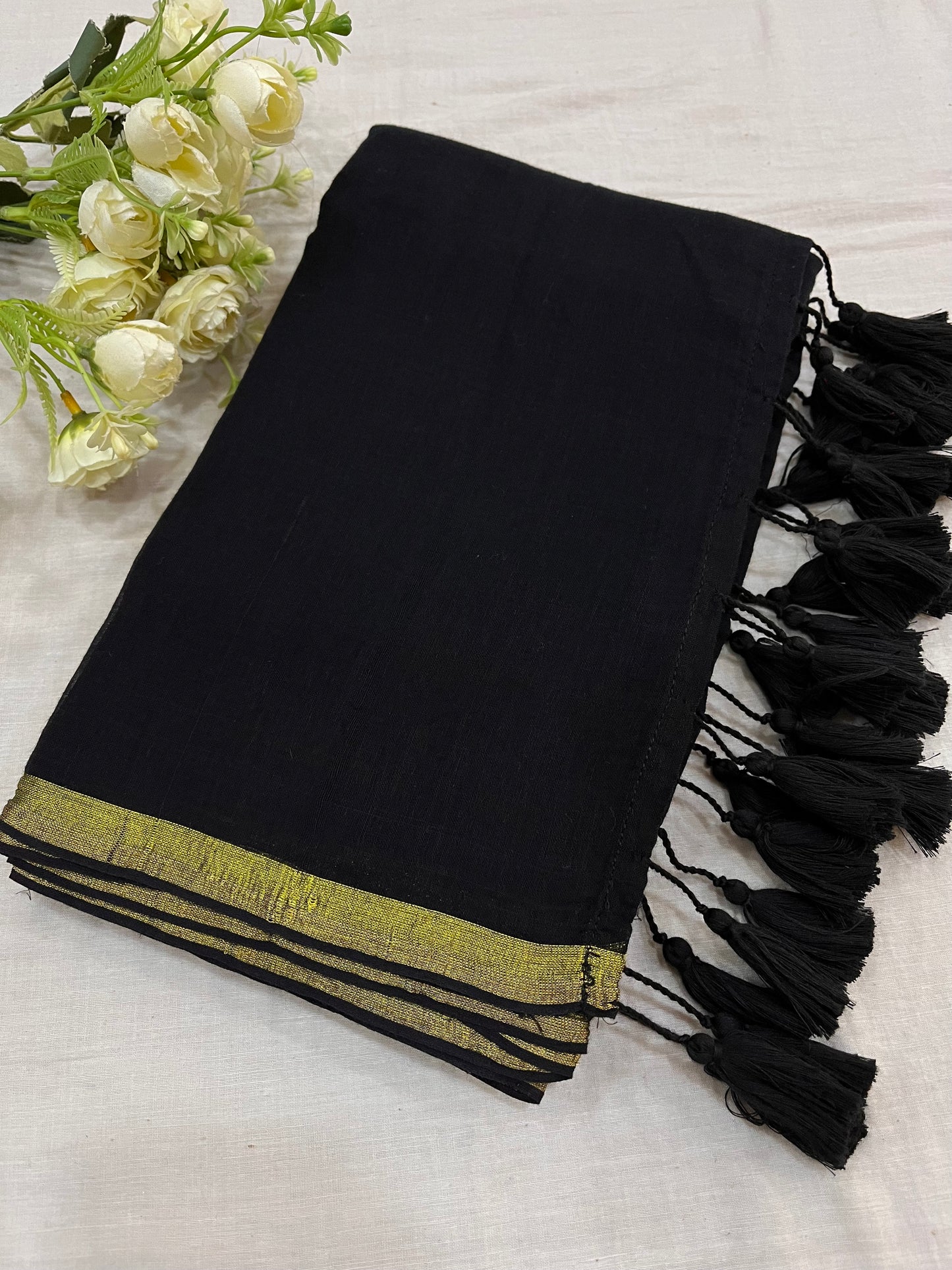 Black Gold Zari Border Mulmul Saree