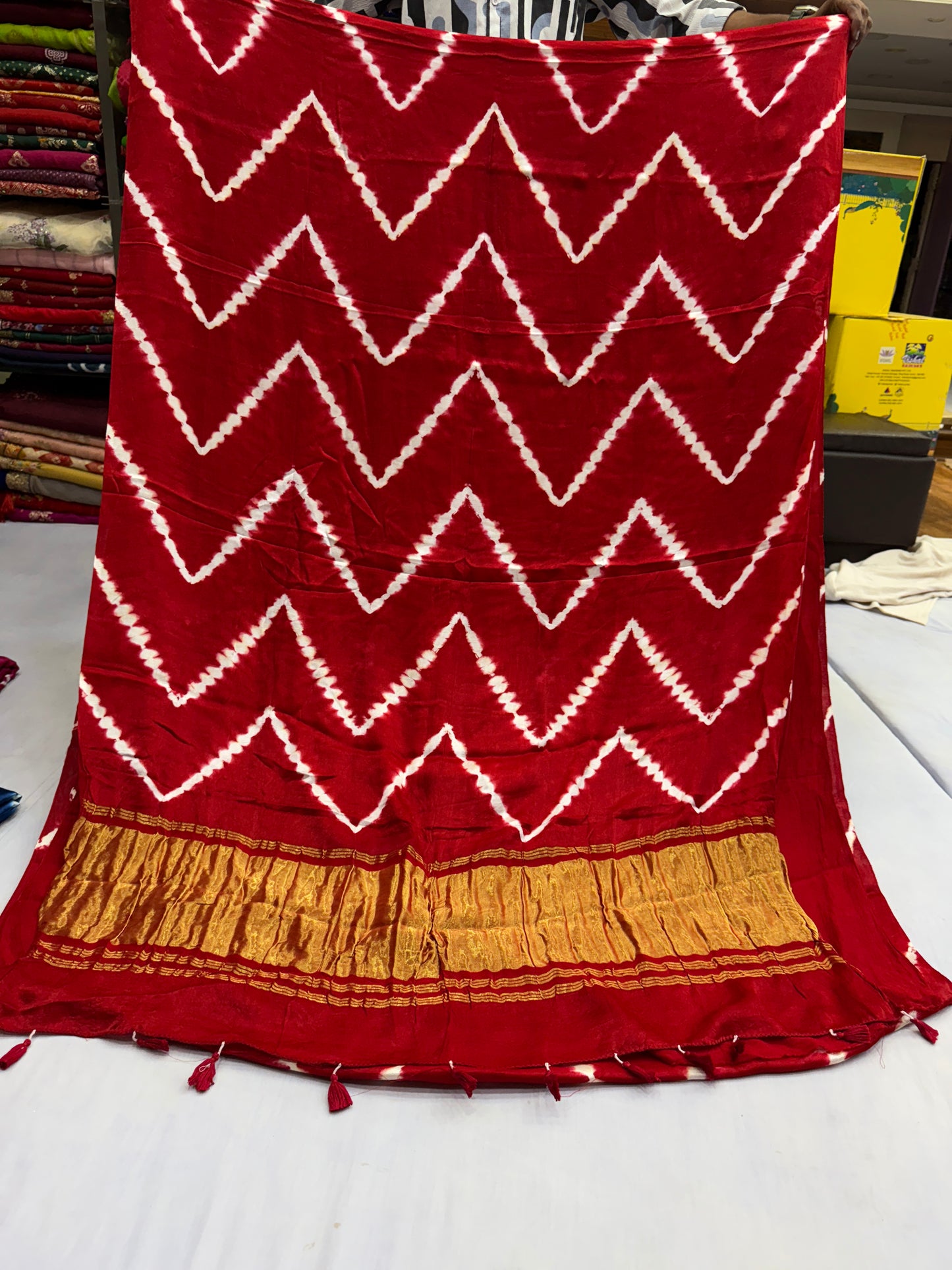 Red Tarang Lehriya Modal Satin Silk Saree