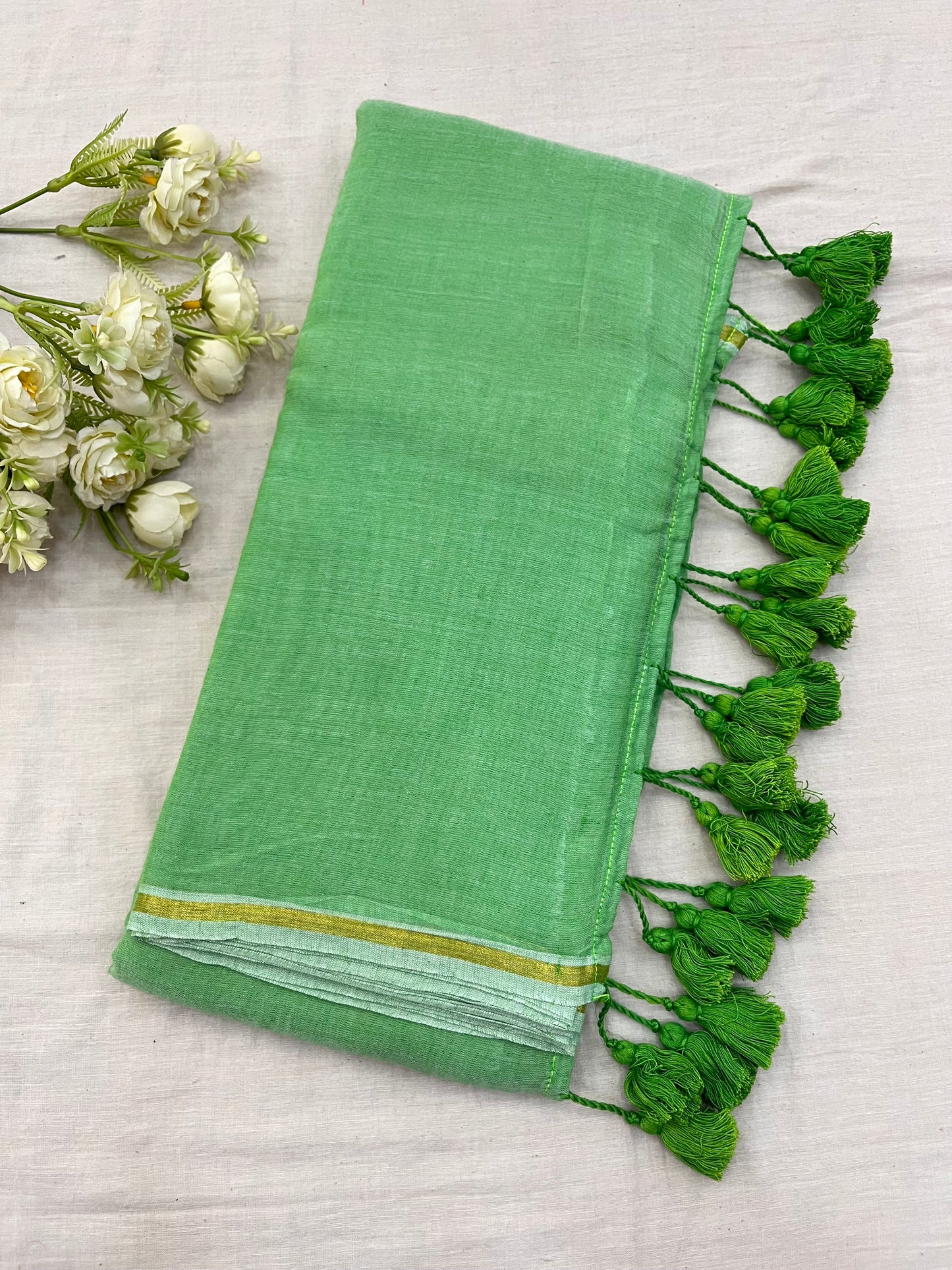 Kheera Green Gold Zari Border Mulmul Saree